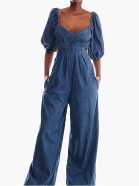 Forever 21 Dark Denim Puff Sleeve Jumpsuit - Size L - Dark Blue